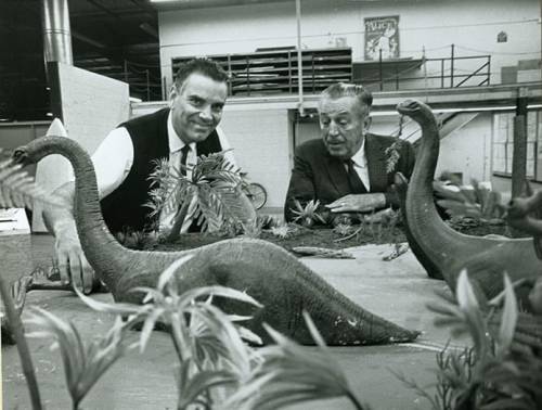 Walt with Imagineer, Disney Legend Claude Coats and the model for the Primeval World diorama for Dis