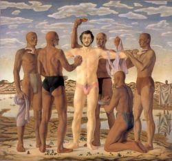 doctordee:  k250966:   Jared French Ritual bathing, anointing, dressing, initiation, entering a new life or afterlife,  Who is this black-haired, black-bearded, blank-faced, pale man?   Who are these hairless tanned men tending to him?  The initiate -