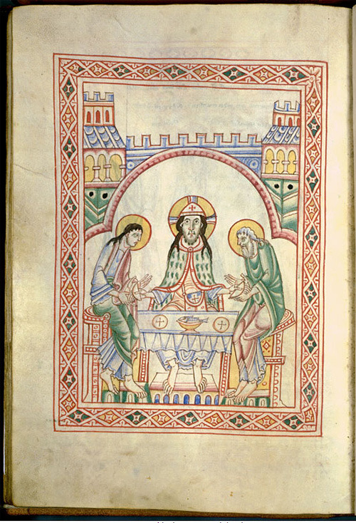 16ruedelaverrerie:The St Albans Psalter, pages 70 (The Supper at Emmaus) and 71 (Christ Disappearing