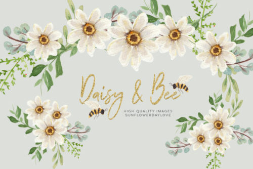 Daisies &amp; Bee Watercolor Clipart Graphic by SunflowerLove• 14 individual high-quality i