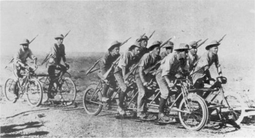 A Boer “war cycle” during the Boer Wars.  It was an eight man cycle that traveled on tra