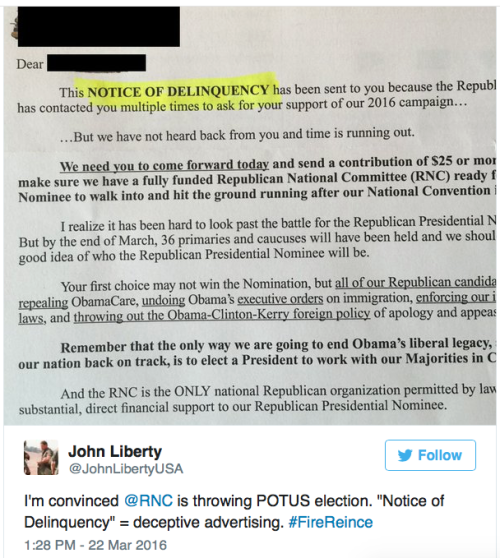 blue-author:  micdotcom:  Is the Republican National Committee trying to trick your grandma into donating? On Wednesday, Kristen Burzynski shared to Facebook a notice her grandmother got in the mail from the Republican National Committee. Her grandmother,