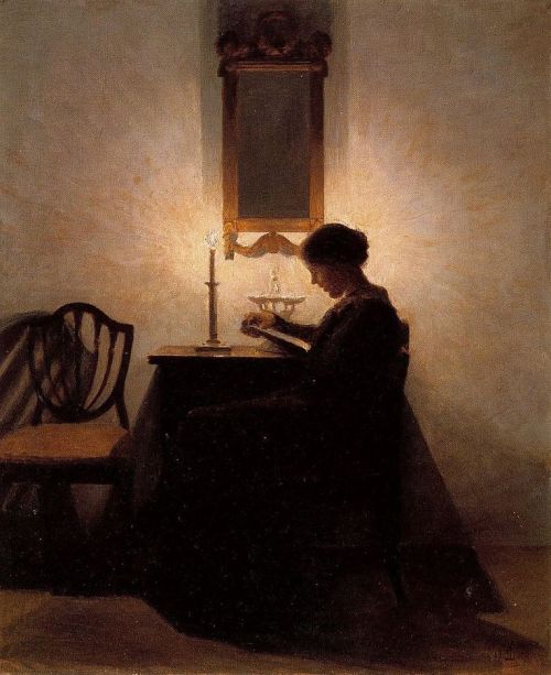 womeninarthistory:Woman Reading by Candlelight, Peter Ilsted 
