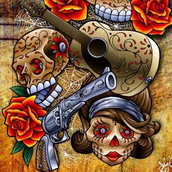 jobyc:  #sugarskull #skull #tattoo #tattooart #traditionaltattoo #illustration #art #artprint #joby #jobyc #jobycummings #cattattoo #rose #pistol (at Skullcrusher Mountain)
