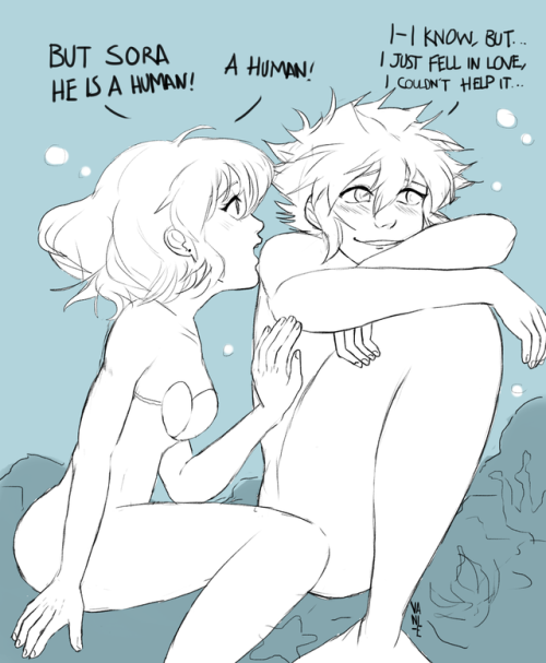 vani-e:    ｍｅｒｍａｎ'ｓ ｌｏｖｅ #3Kairi meeting her best friend human boyfriend. I really missed drawing merman AU.