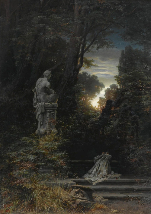 mysteriousartcentury:Ferdinand Knab (1834-1902), A Woman at a Fountain With Rising Moon, 1866, oil o