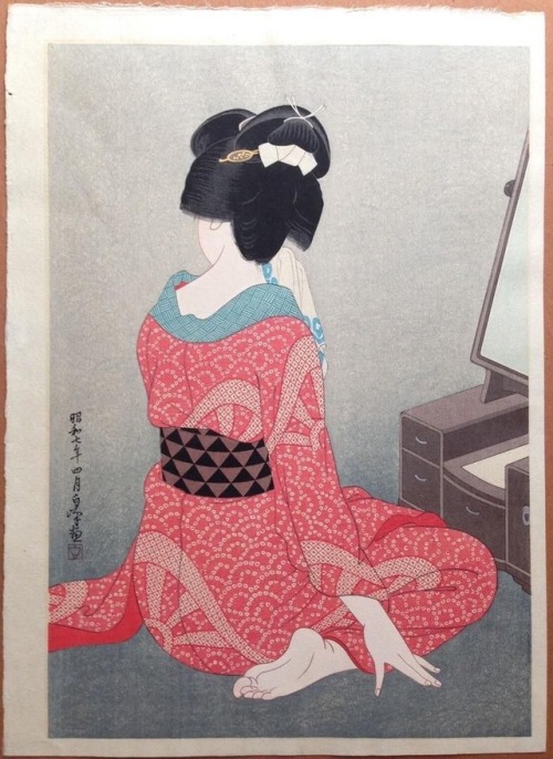 wonderlartcafe:Artist: Hirano Hakuho(1879-1957) Title: Before the Mirror (Kagami no Mae) Date: 1932