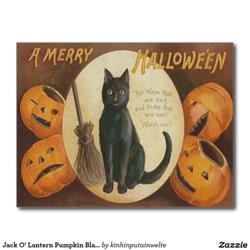 Jack O&rsquo; Lantern Pumpkin Black Cat Broom Postcard - $1.10 Made by Zazzle Paper Vintage Hall