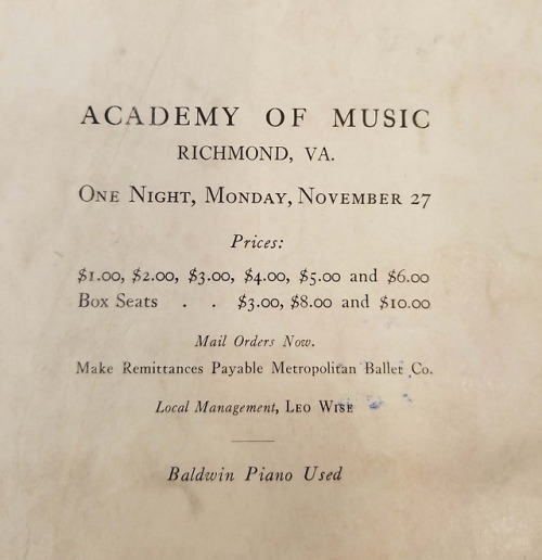 Diaghilev’s Ballet Russe at the Academy of Music in Richmond, Virginia, November 27, 1916From: