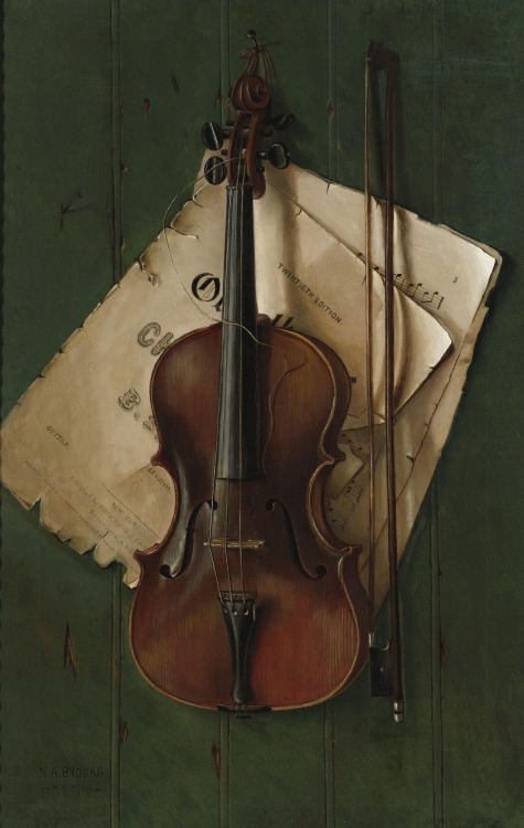 laclefdescoeurs:Still Life with Violin, Bow, and Sheet Music, 1903, Nicholas Alden Brooks@therepubli