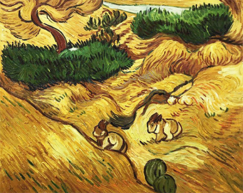 soundsofmyuniverse: Fields in Vincent van Gogh’s paintings Field with Two Rabbits (1889) Green Wheat