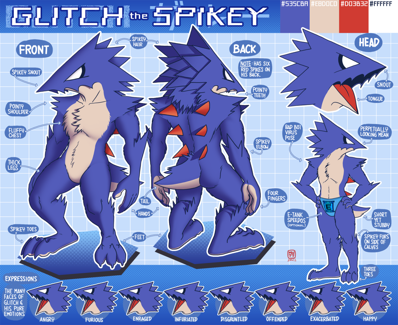 GLITCH the SPIKEY/GARU [Gift Art] 
A ref sheet I drew for my friend FinnFann of his OC anthro Spikey/Garu named Glitch.