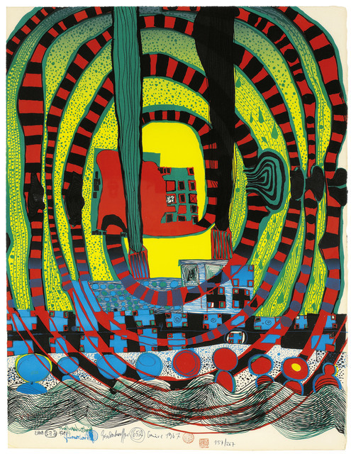 Friedensreich HundertwasserSea voyage II - journey to the sea and by train, 1967Color lithograph