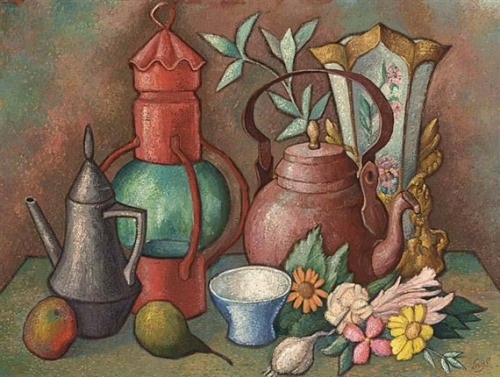 Louis Schrikkel (Dutch, 1902 - 1995)A still life with various jars, fruits, vegetables and flowers