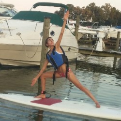 Triangle, the pinnacle posture of the standing series&hellip;a billion times more difficult on a paddleboard! I wasn&rsquo;t willing to go into the posture completely, as my face clearly showcases my fear of falling in the water :P #yoga #SupAsana