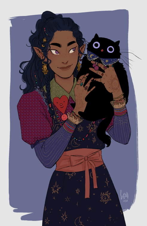 theartofknightjj:Meet my second DnD Character Keijo! (They/them) and their cat familiar Oni!They’re 