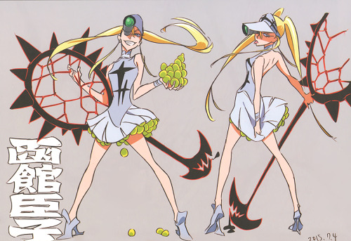 askgraphiteknight:  artbooksnat:  Kill la Kill (キルラキル) As far as secondary characters go, Tennis Club captain Omiko Hakodate had several nice shots illustrated by Sushio (すしお) in Sushio Club Love Love KLKL (Mandarake).  Best KLK girl