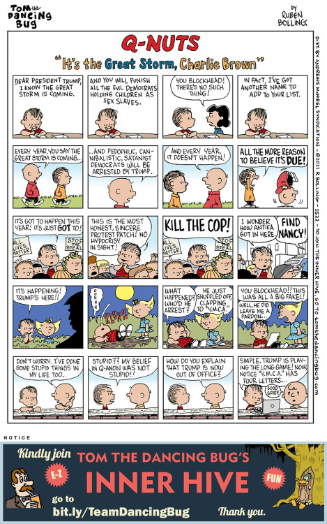 tomthedancingbug:This week’s comic now up on @gocomics. QANON: “It’s the Great Storm, Charlie Brown”