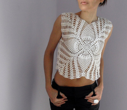 Crocheted tank top - pineapples pattern - Cotton - elegant and romantic - White Princess