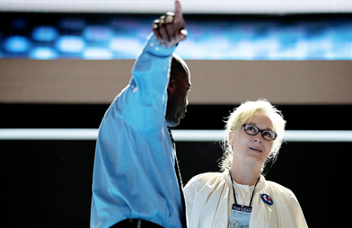 Meryl Streep walks on stage prior to the start of the second day of the Democratic National Conventi