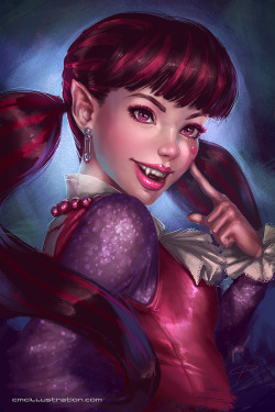 cmcillustration:  Commission Info ☆ Facebook ☆ Deviantart  (ENG) To continue with the cute portrait series based on the Monster High characters, here comes Draculaura, daughter of Dracula. Loves pink color and she’s 1600 years old. Oh, and also