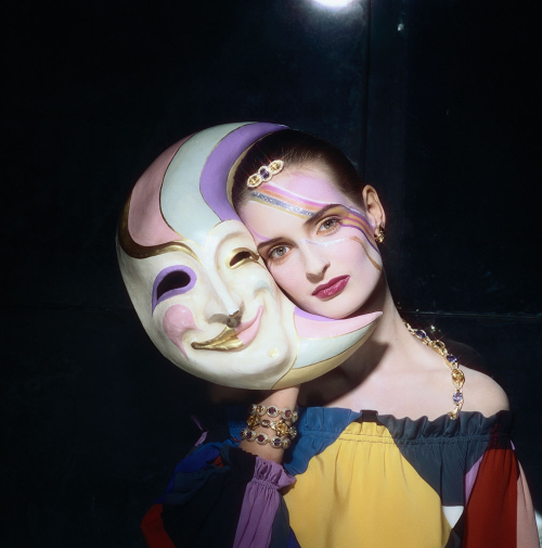 ohyeahpop:  Frauke With Crescent Moon Mask, 1984 - Ph. Norman Parkinson