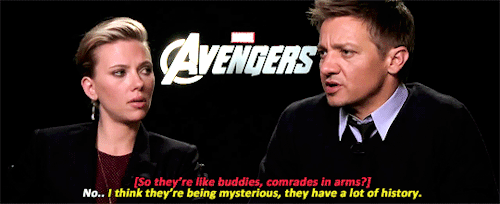 clintofbartons:jeremy and scarlett being mysterious about clintasha