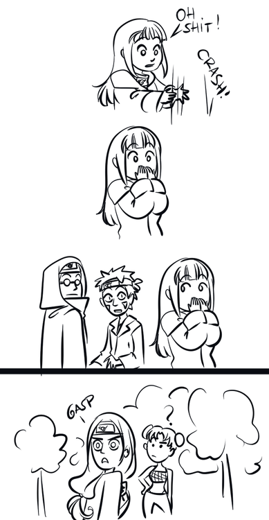 gabzilla-z:  muckingup:  hinata accidentally dropping something important and going “oh, shit!” and shino and kiba just stare at her somewhere neji just gasps for no reason  