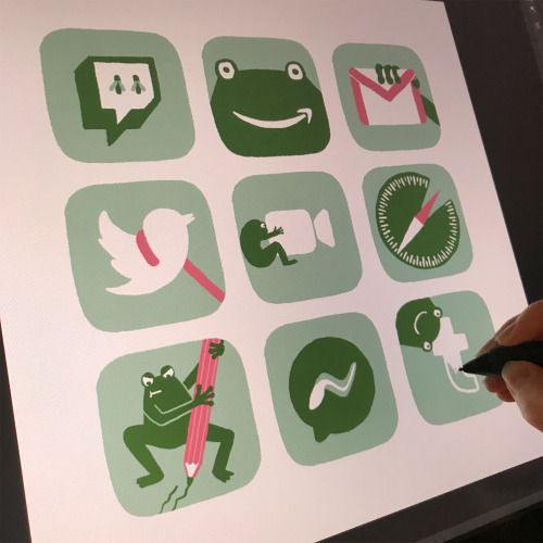 I’ve been working on more frog app icons tonight. Here’s twitch, amazon, gmail, twitter, facetime, s