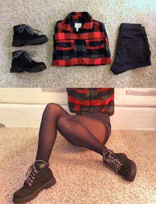 Orange Flannel Shirt: Forever 21 High-Waisted Black Shorts: Pacsun Black Lug Boots: Charlotte Russe