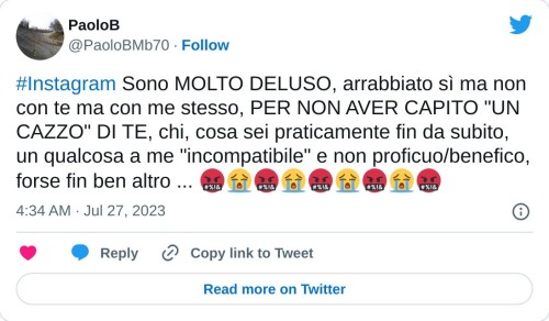 #Instagram Sono MOLTO DELUSO, arrabbiato sì ma non con te ma con me stesso, PER NON AVER CAPITO "UN CAZZO" DI TE, chi, cosa sei praticamente fin da subito, un qualcosa a me "incompatibile" e non proficuo/benefico, forse fin ben altro ... 🤬😭🤬😭🤬😭🤬😭🤬  — PaoloB (@PaoloBMb70) July 27, 2023