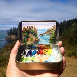 wordsnquotes:  culturenlifestyle: Stunning Miniature Landscape Paintings on Mint Tins             Colorado-based artist Heidi Annalise illustrates hypnotic landscapes inside mint tins, while showcasing the beauty of their color palette.  The impressionist