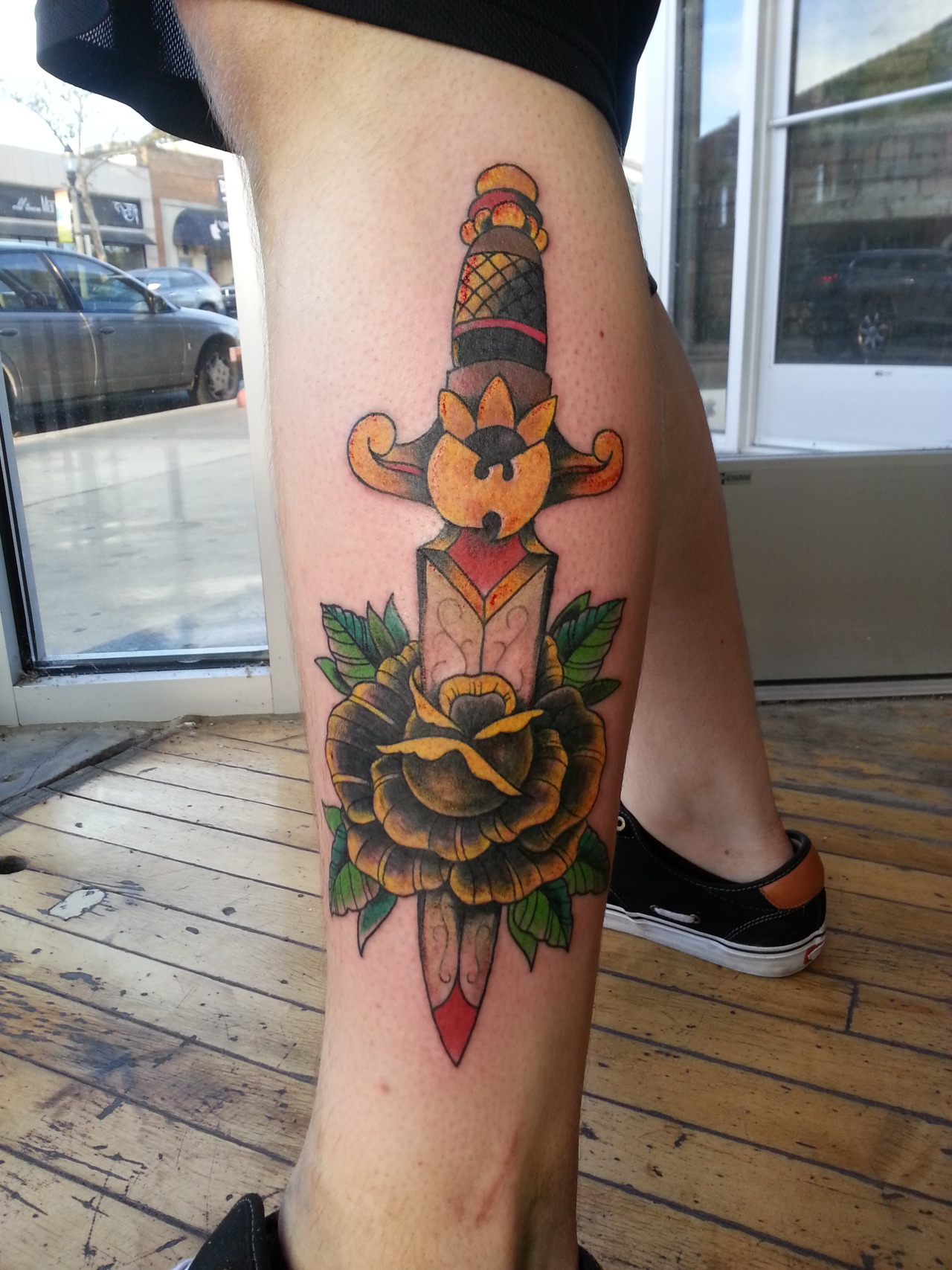 Rose and Dagger tattoo by Chris Boilore at Fish Ladder Tattoo in Lansing MI   rtraditionaltattoos