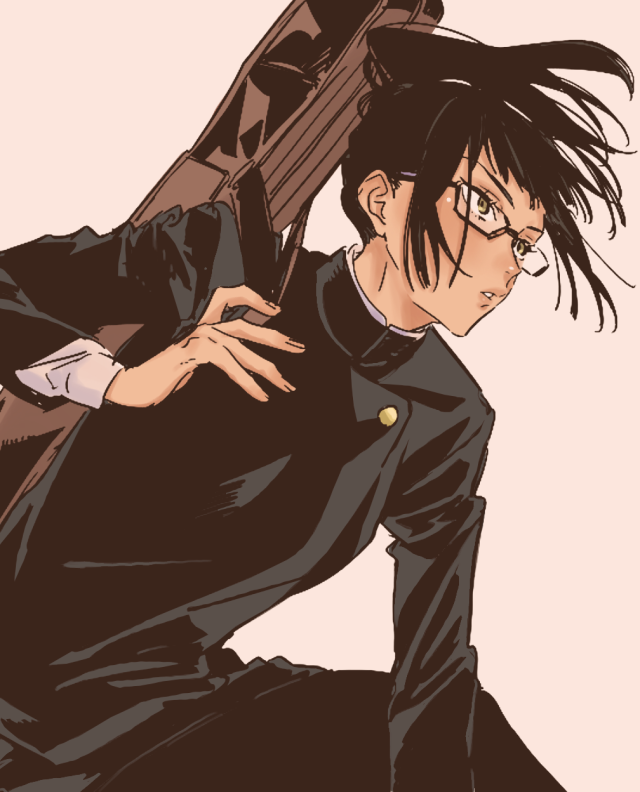 a manga colouring of maki drawn by hiroki adachi. she has an arm in front of her on the ground and is looking off away from the viewer. her ponytail is flowing forward and maki is holding a weapon bag on her shoulder