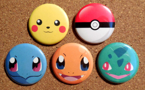 Pokemon Generation 1 fan art Button Set! Pokeball, Pikachu, Squirtle, Charmander and Bulbasaur&h