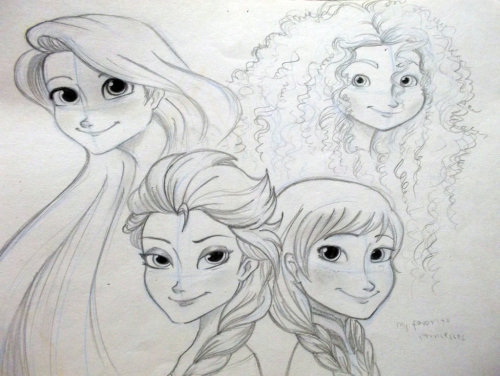 frozenloki:  My Rapunzel, Merida, Anna, and Elsa Sketchies :3  just thought maybe I could post it here :3 http://nicolebalcom.deviantart.com/ 