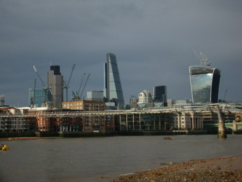 Tower 42, the Heron Tower and the Walkie-Talkie from Thames Beach