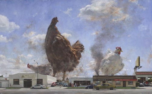 itscolossal:Large Animals Terrorize Suburban Towns in Paintings by John Brosio 