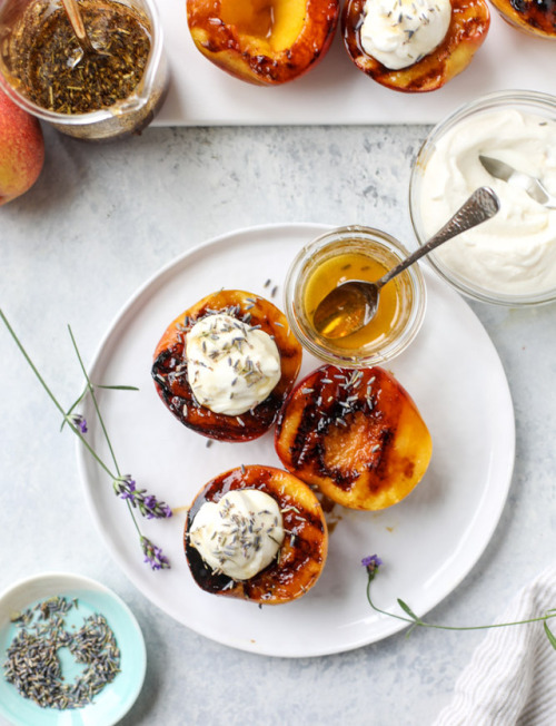 sweetoothgirl:grilled peaches with lavender honey whipped ricotta
