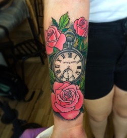 💀✖️ Colored clock and roses tattoo,