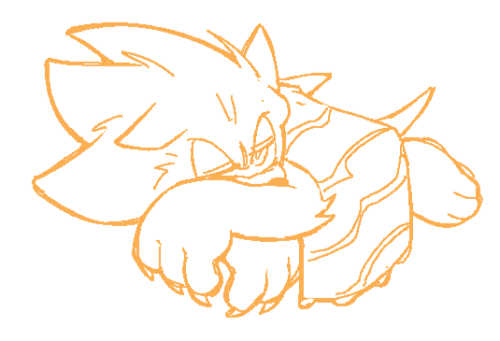 an uncolored fullbody sketch of fleetway super sonic. he's laying down with a blanket covering most of his body, leaving only his head, arms, tail, and one lower paw visible. super has one arm covering most of his muzzle as his head is cushioned into the crook of his arm, the other arm is resting under the former. he has a tired expression with one eye fully closed while the other is half-lidded and looking forward, he has minor eye bags under his eyes.