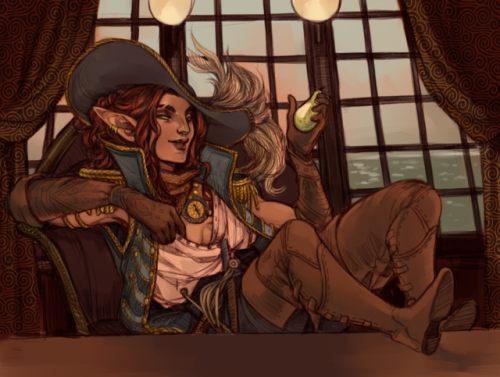 ruushes: dashing elven pirate captain avantika could not possibly be more my type and tbh i support her career goals and would help her summon an eldritch sea serpent any day of the week 