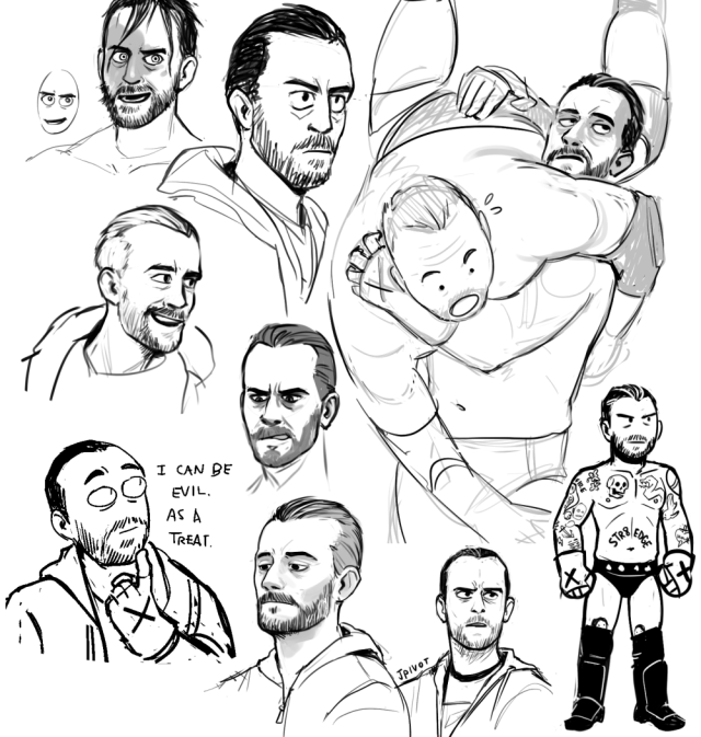 miscellaneous drawings of cm punk. one of them is a shot of him holding up... qt marshall, i think? another has him resting a finger on his chin while thinking "i can be evil. as a treat"