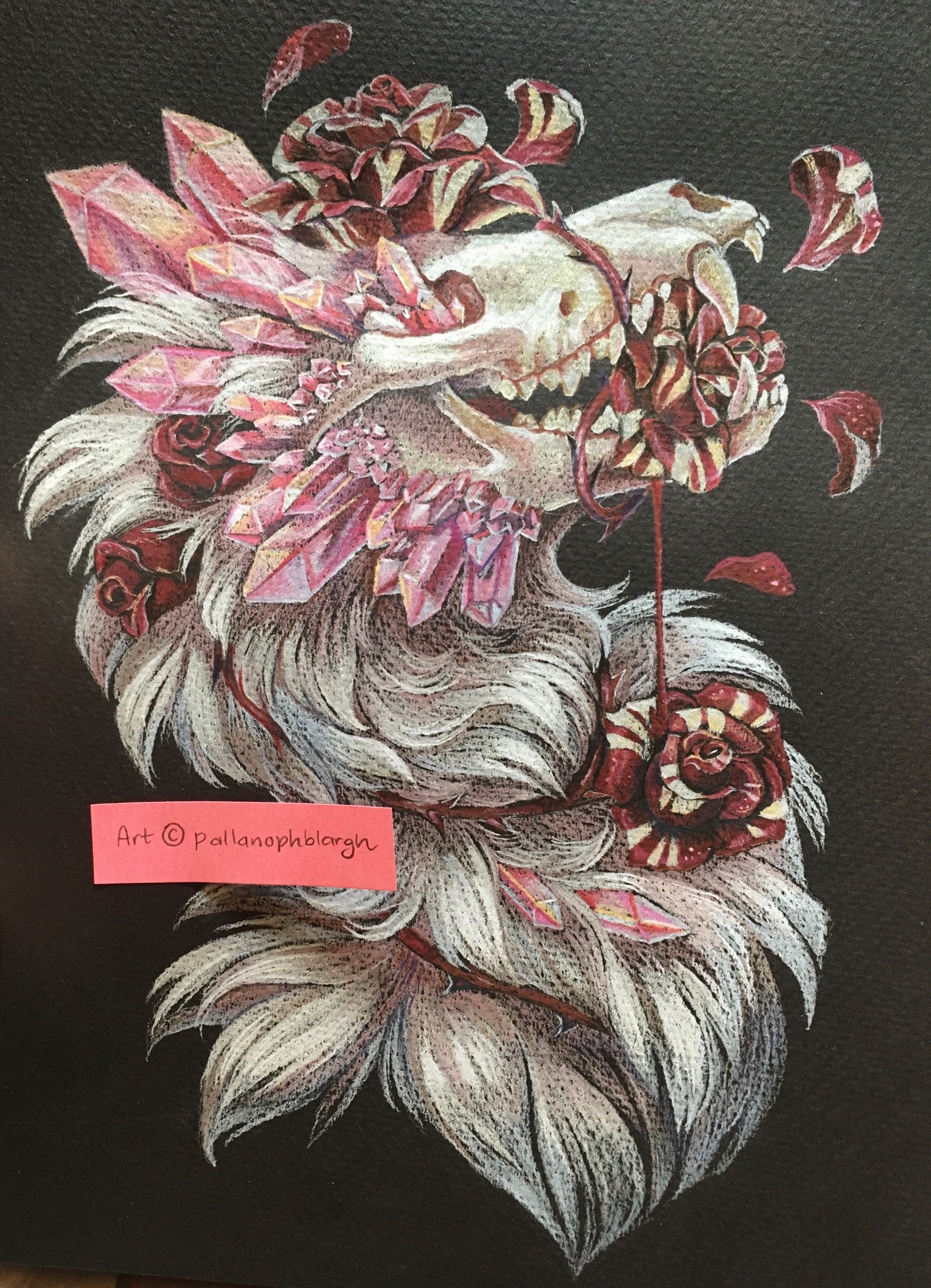 pallanophblargh:Another commission at rough finish stage! Caran d’Ache and Derwent colored pencils on black Fabriano tiziano paper. The trickiest part was definitely those roses and crystals, but I think they turned out pretty well!For commissioner’s