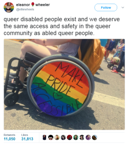 qjusttheletter: blackness-by-your-side: This is very important make! your! posts! about! accessibility! accessible!  [ID: 7 tweets from eleanor wheeler @elliewheels: 1.  queer disabled people exist and we deserve the same access and safety in the queer