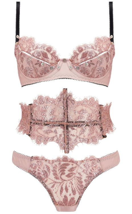 Edge o’ Beyond | Vanessa • Unbutton Bra set in shimmering rose gold French Leavers lace + silk