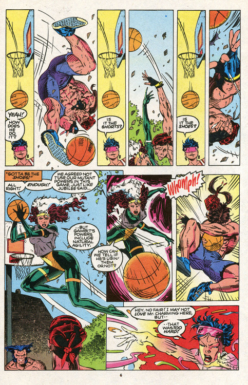 Jim Lee, X-Men #4
Contrary to popular opinion, Jim Lee is at his best—I feel, anyway—when he draws more than six panels per page. Look at this example. 10 panels. Pacing. Humor. Just enough backgrounds. And the “amazing visuals” he’s known for are no...