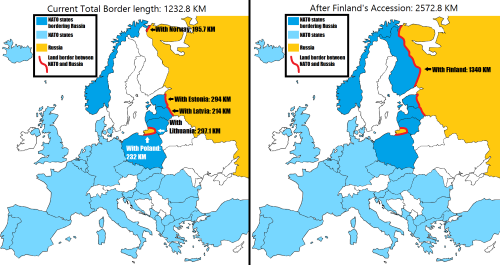mapsontheweb:NATO’s land border with Russia before and after Finland’s accession.Finnish President S