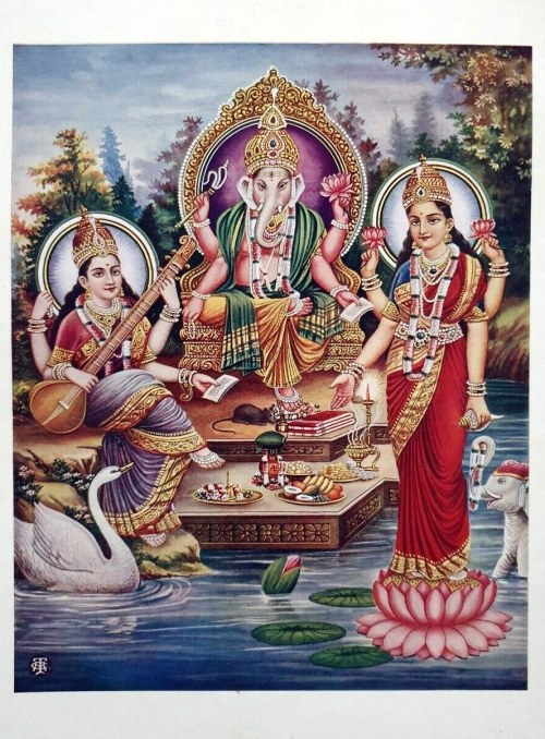 Ganesha Lakshmi SaraswatiVintage 30’s Print(via eBay: allegory003)