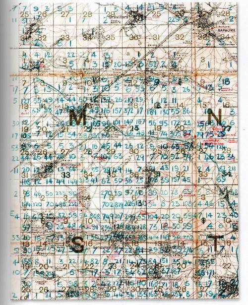 A portion of a ‘body density map’ created in 1918 by Lieutenant Colonel Arthur Messer. Lt.-Col. Messer was engaged in an attempt to record battlefield crosses and have the bodies of soldiers moved and re-interred in cemeteries.
This is a section of a...